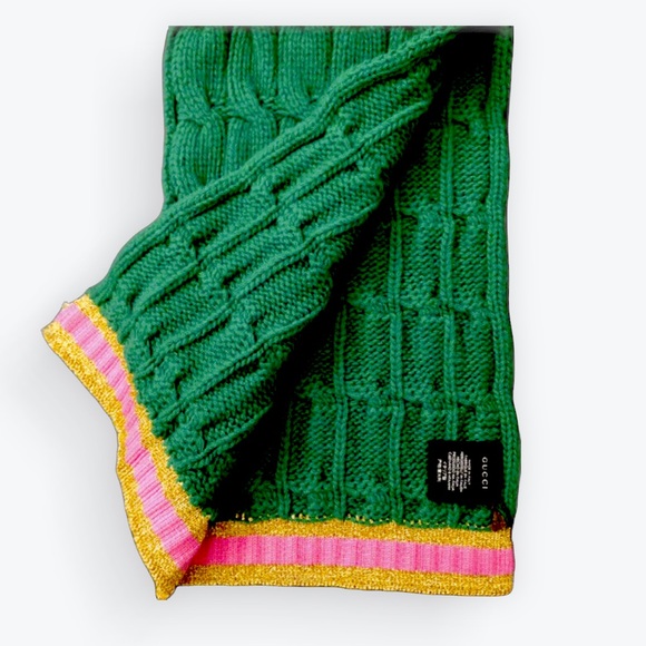 Auth Gucci Green Wool Cable Knit Scarf Pink Metallic Gold Knit Trim Ex+ Stole - Picture 5 of 11